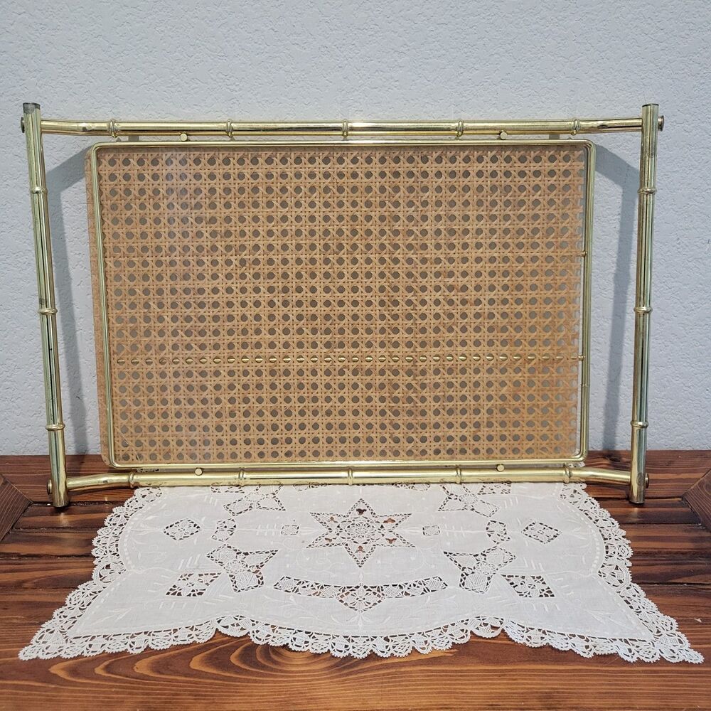 Serving Tray Acrylic Rattan Brass MCM Vintage Dior Style   21 .5" Rectangle RARE